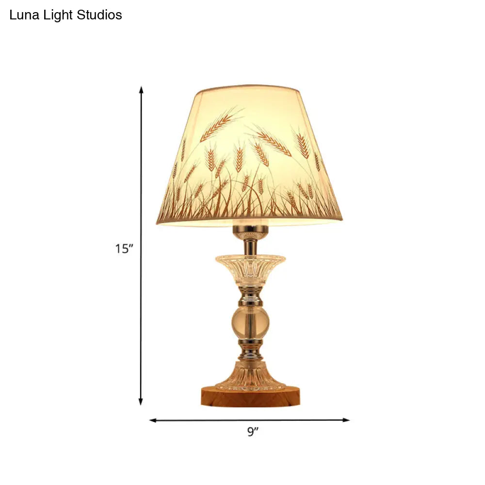 Spikelet Pattern Conic Table Lamp: Countryside White Fabric Night Light With Chrome Column Base