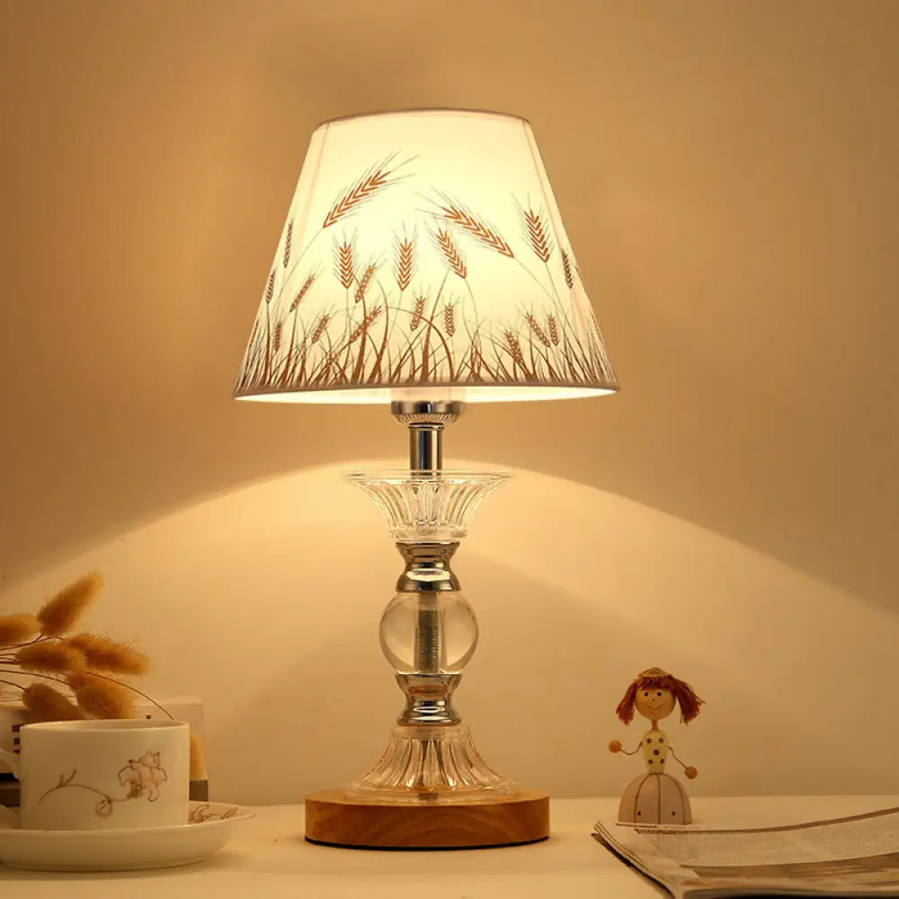 Spikelet Pattern Conic Table Lamp: Countryside White Fabric Night Light With Chrome Column Base