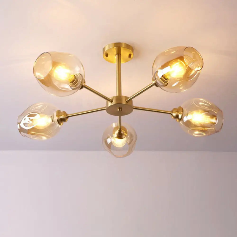 Sputnik Ceiling Mount Chandelier: Postmodern Cup Glass Parlor Flush Light In Brass 5 / Amber