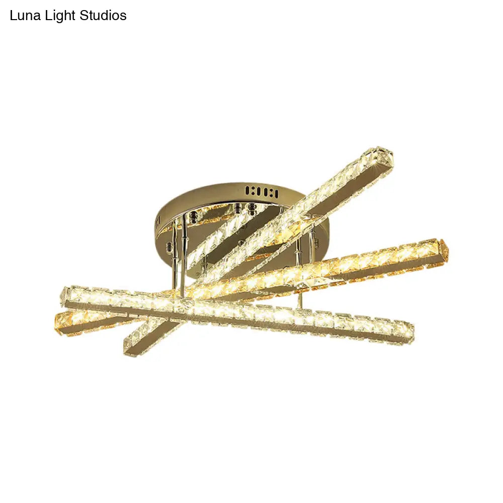Square-Cut Crystals Led Flush Light Fixture - Modern Stainless-Steel Design For Bedchamber
