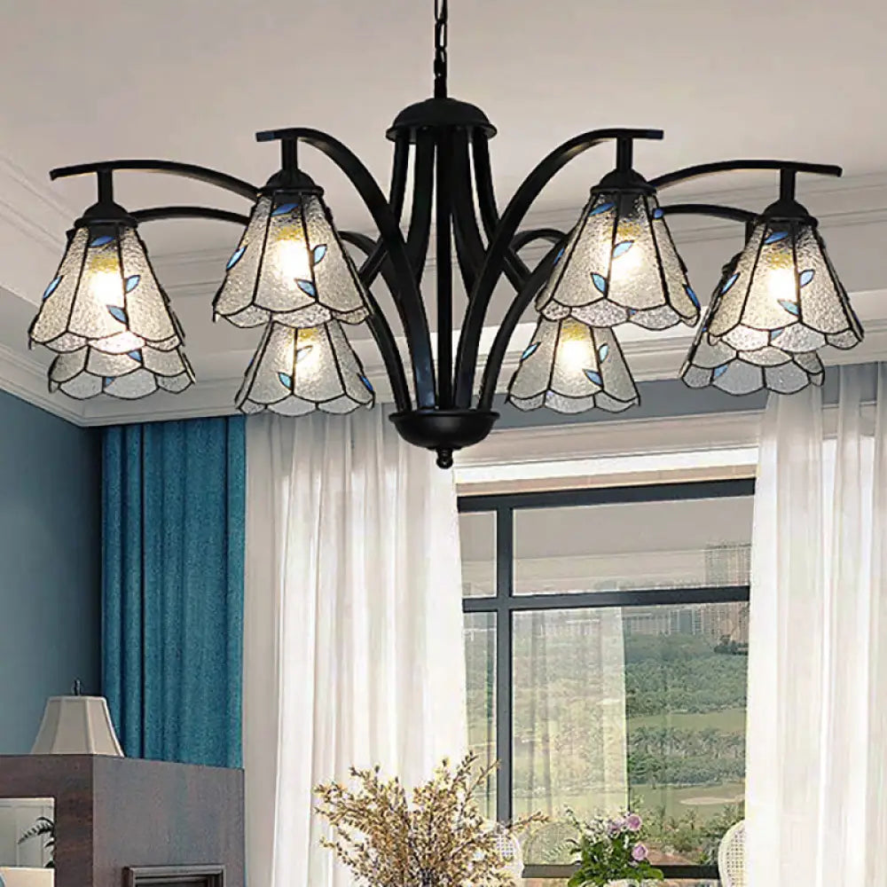 Stained Glass Cone Chandelier With Leaf Pattern - Traditional Ceiling Pendant Light In Blue/Green