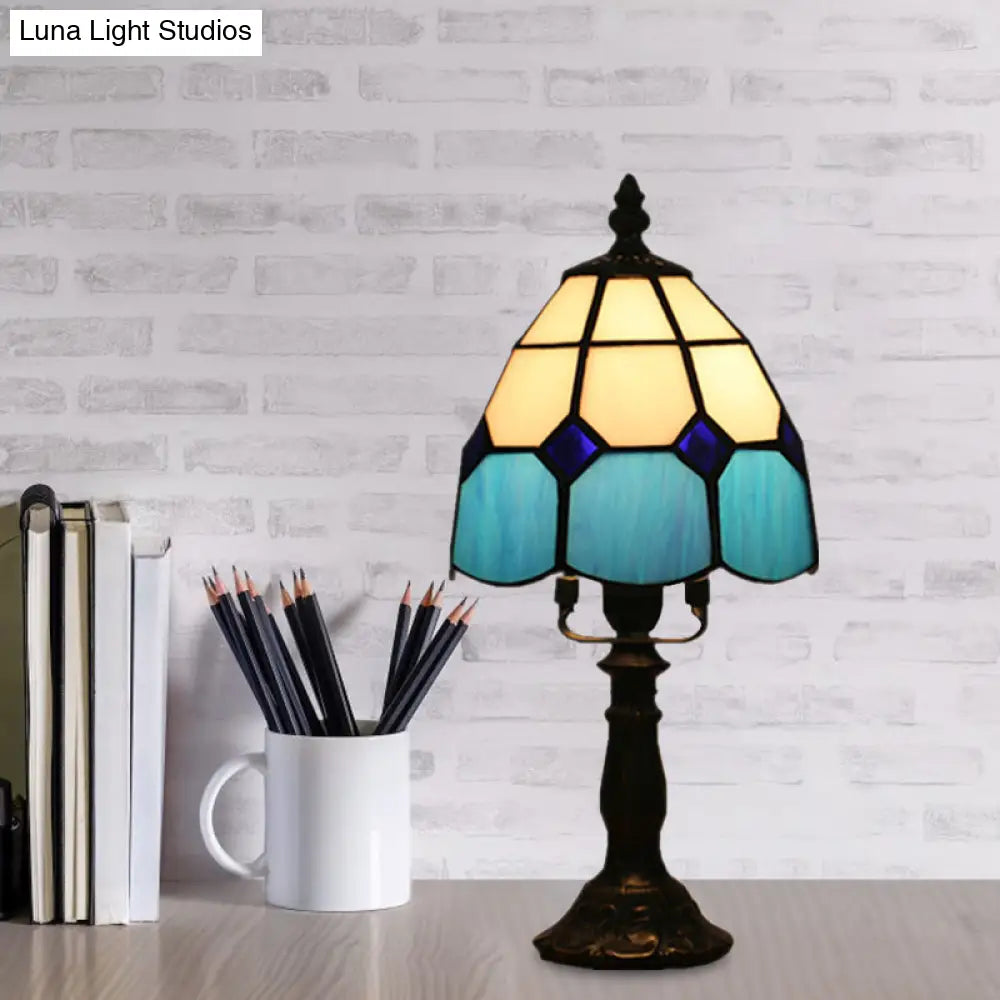 Stained Glass Dome Night Light - Artistic Mission Style Beige/Yellow/Orange Grid Pattern Ideal