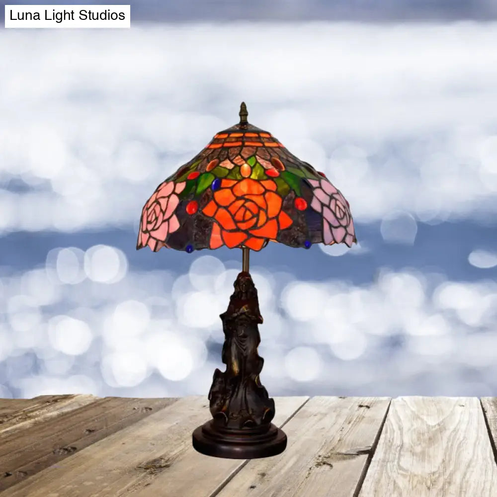 Stained Glass Red/Orange Night Light Flowering Tiffany-Style Table Lamp With Angel Statue