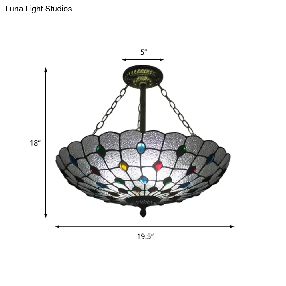 Stained Glass Semi Flush Ceiling Light Fixture With Retro Jewel Pattern - Beige/Clear/Yellow Tones