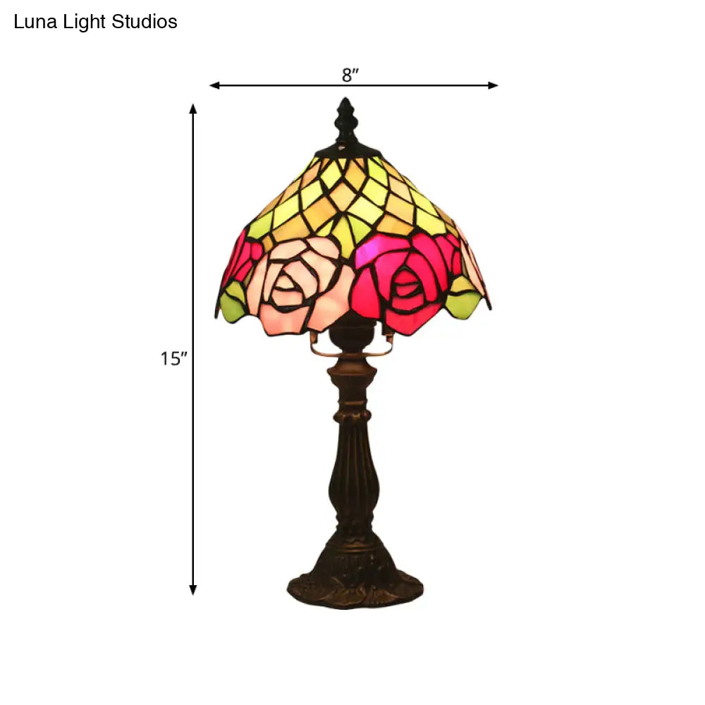 Stained Glass Table Night Light With Rose Pattern - Dark Coffee 1 Bulb Mediterranean Style