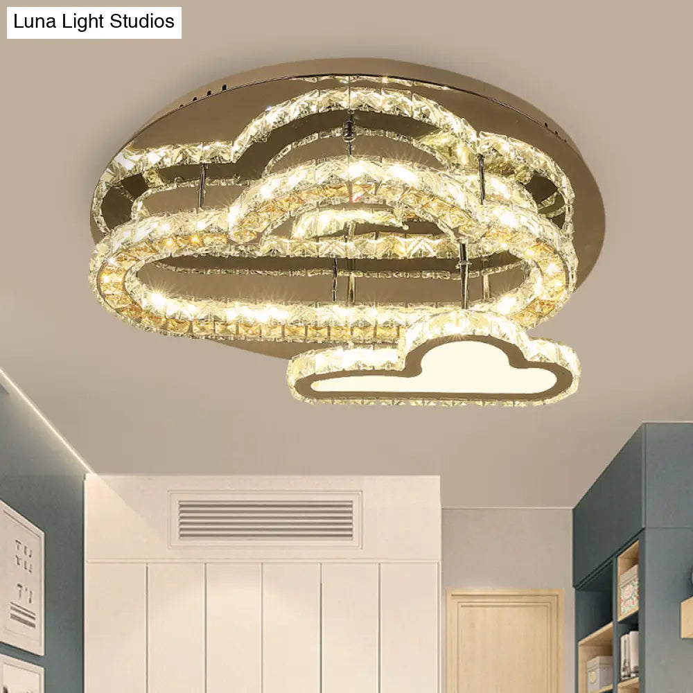 Stainless-Steel Led Ceiling Light With Clear Square-Cut Crystals - Modern Cloud Semi Flush Mount