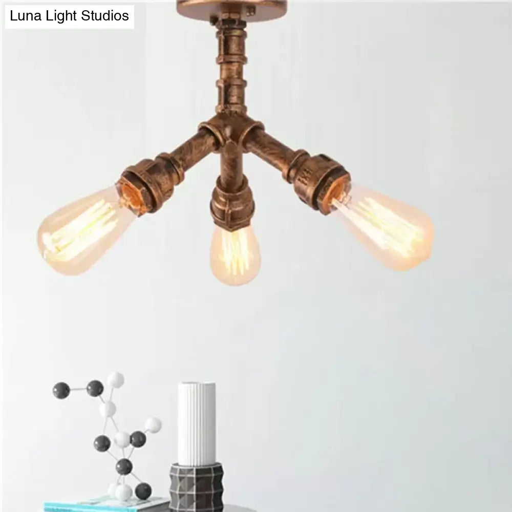 Steampunk 3 - Light Semi Flush Ceiling Fixture With Metallic Pipe Shade In Aged Bronze For Living