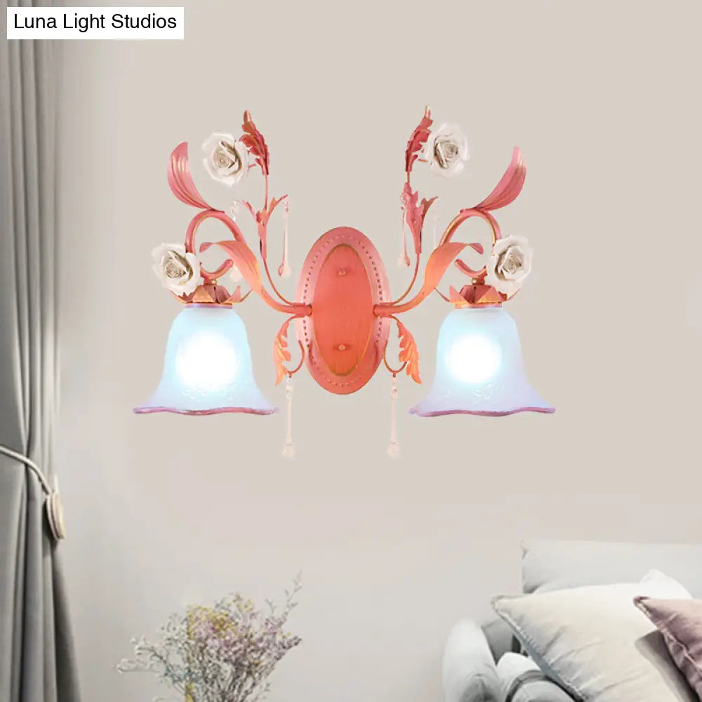 Stunning Pink Frosted Glass Bellflower Wall Sconce With Crystal Accent: Countryside 1/2-Light Lamp