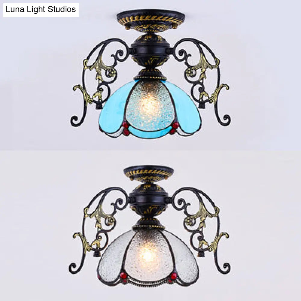 Stunning Traditional Stained Glass Ceiling Light With Blue Diamond/Frosted Shade - Black/White Semi