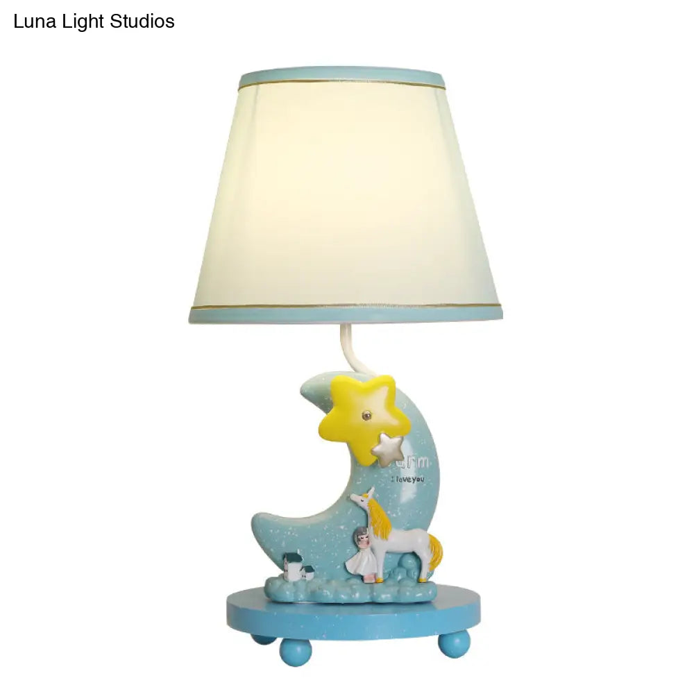 Stylish Blue Fabric Cone Table Lamp With Moon And Star Design