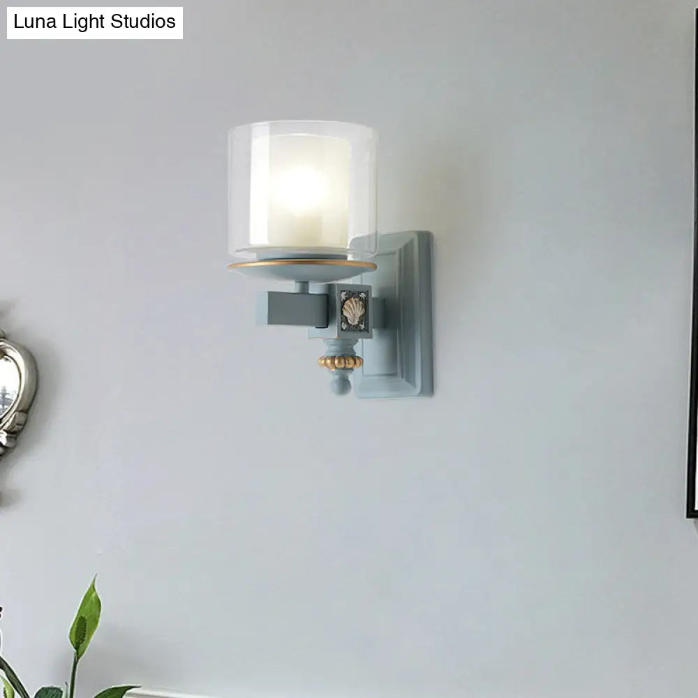 Stylish Nordic Cylinder Wall Light With Shell Deco: Metal & Glass Lamp For Stair