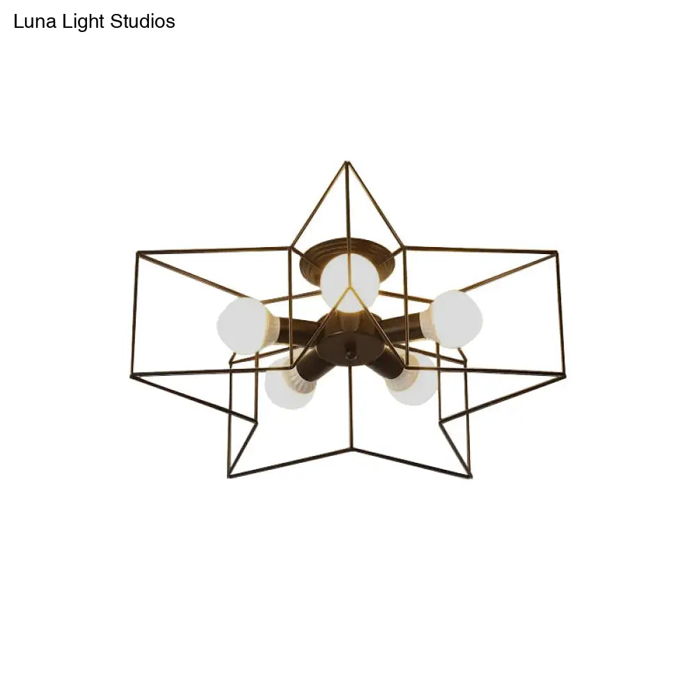 Stylish Star Cage Semi Flush Pendant Light With Metallic Shade - 5 Lights For Bedroom Ceiling