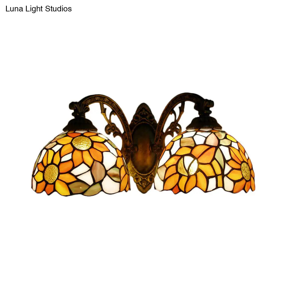 Sunflower Lodge Wall Sconce With Orange/Yellow Glass Shade - 2 Lights Lighting