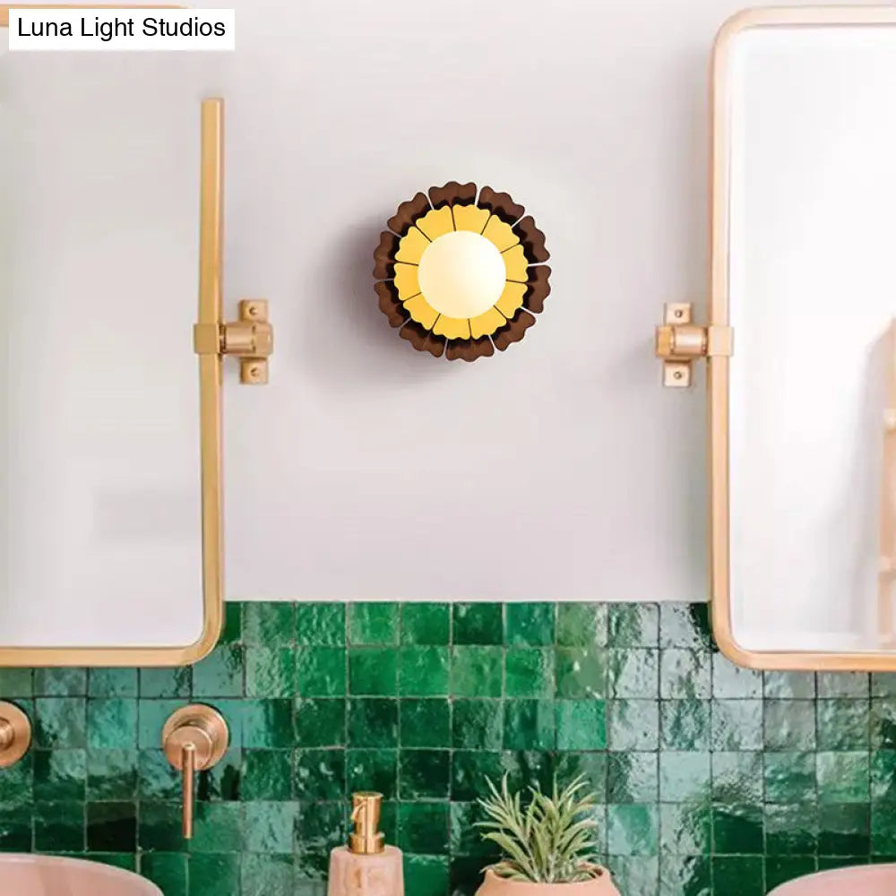Sunflower Sconce Light Metallic Wall Lamp: Macaron Yellow 1-Light Matte White Glass Ball