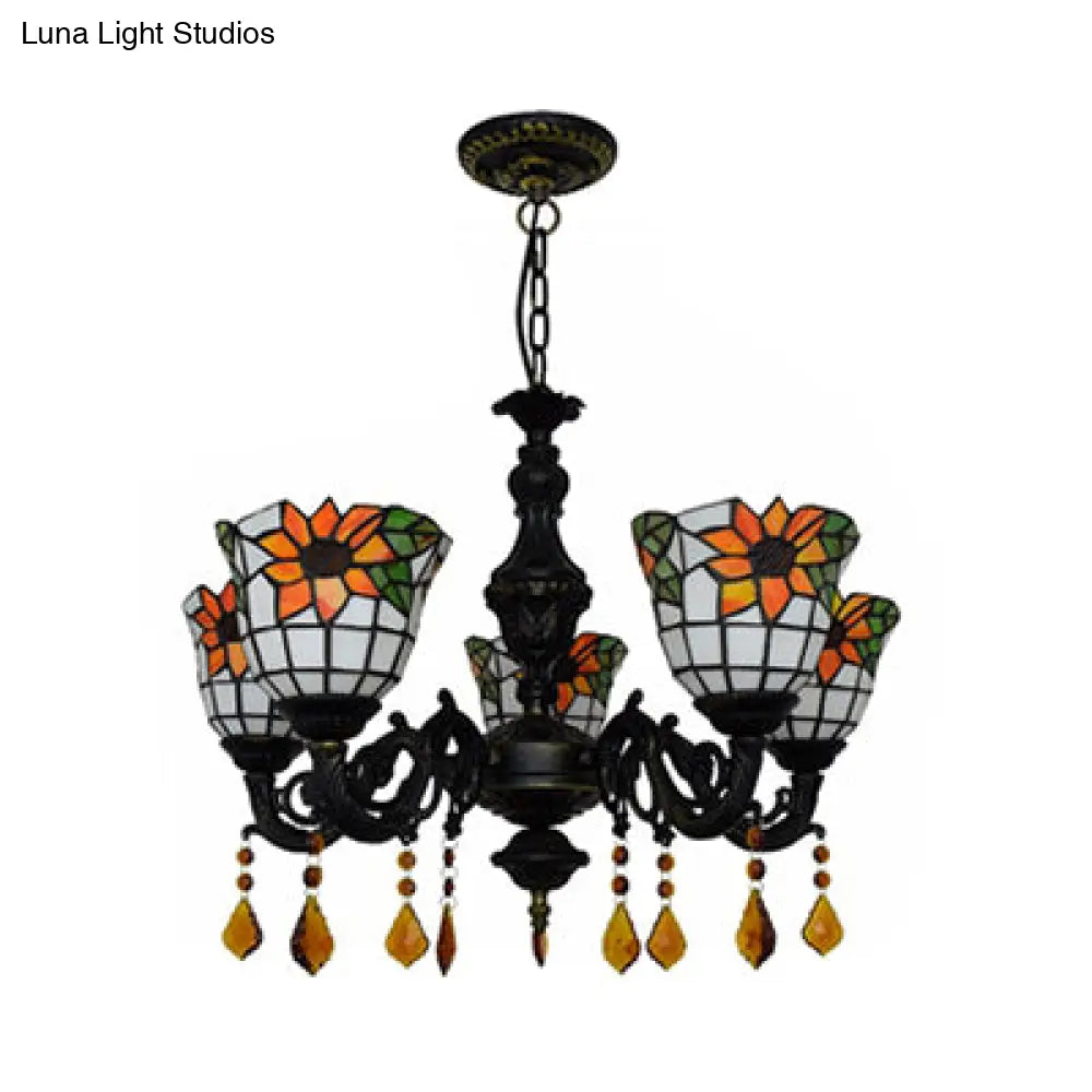 Sunflower Stained Glass Chandelier With 5 Lights - Decorative Suspension Light