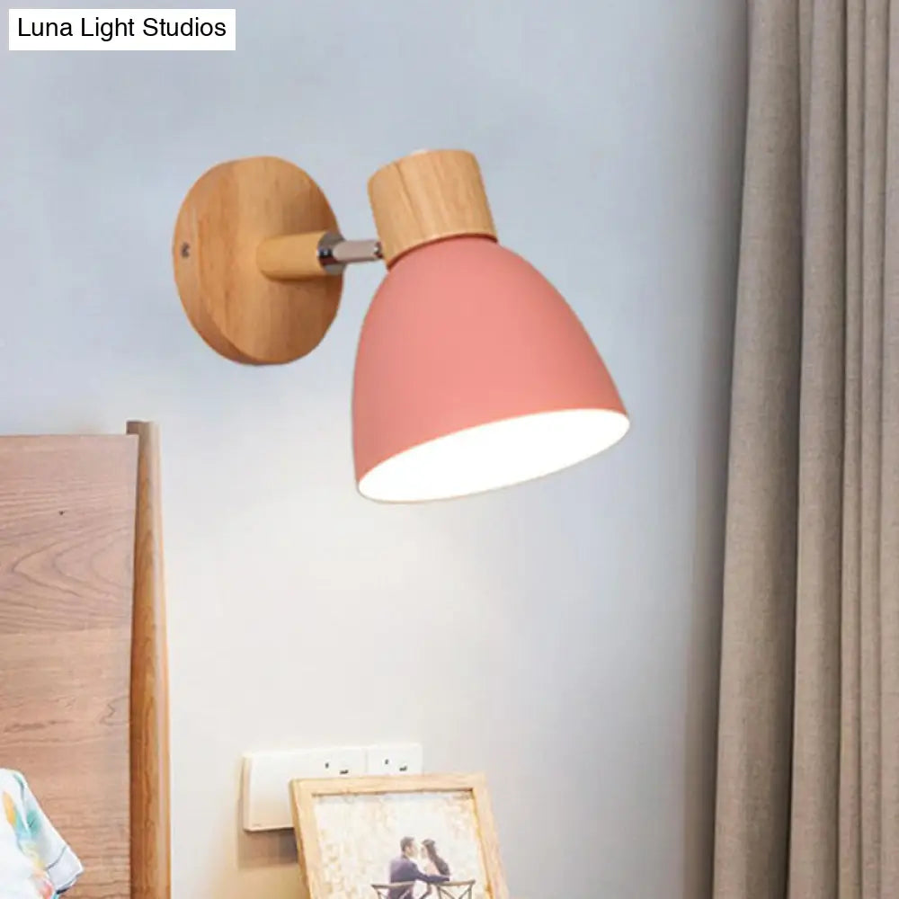 Swivel Macaron Bell Shade Wall Light With Wood Decor - Single Metal Bedroom Mount