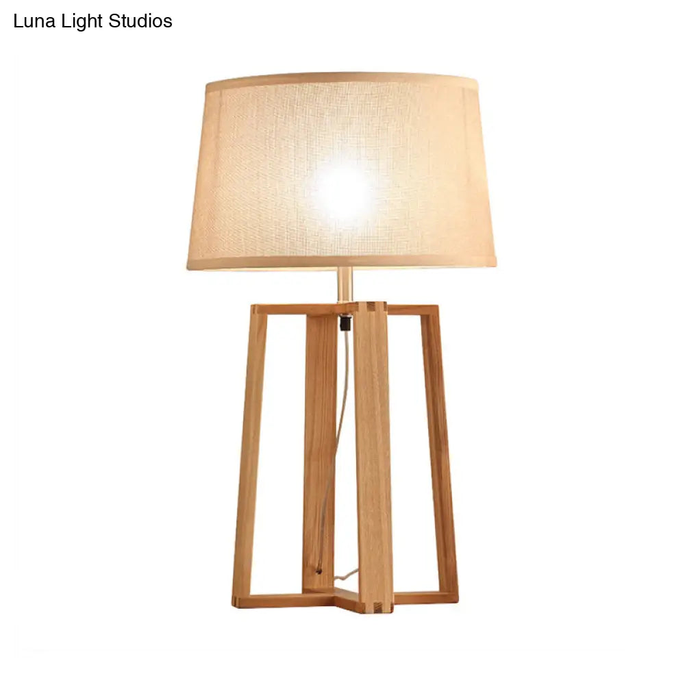 Tapered Drum Table Lamp: Contemporary Fabric Shade Wood Night Light With Trapezoid Base