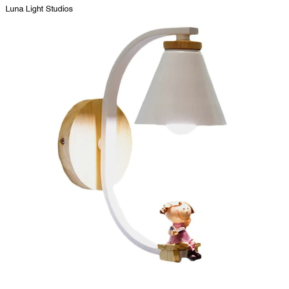 Tapered Iron Wall Mount Lamp - 1 Light Pink/Blue And Wood Sconce With Moon/Portrait Decor