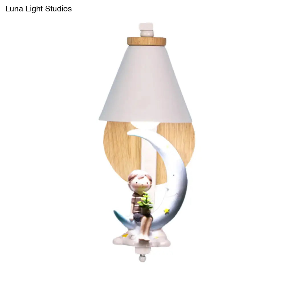 Tapered Iron Wall Mount Lamp - 1 Light Pink/Blue And Wood Sconce With Moon/Portrait Decor