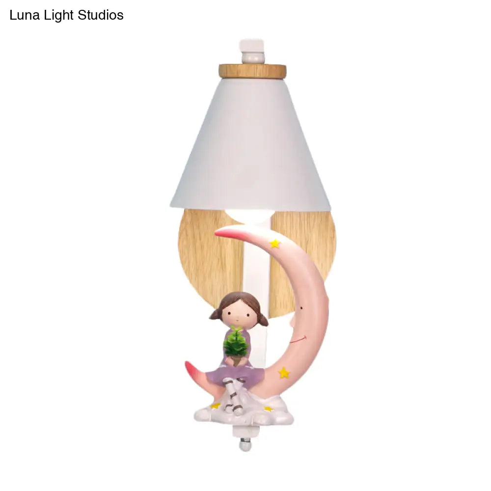 Tapered Iron Wall Mount Lamp - 1 Light Pink/Blue And Wood Sconce With Moon/Portrait Decor