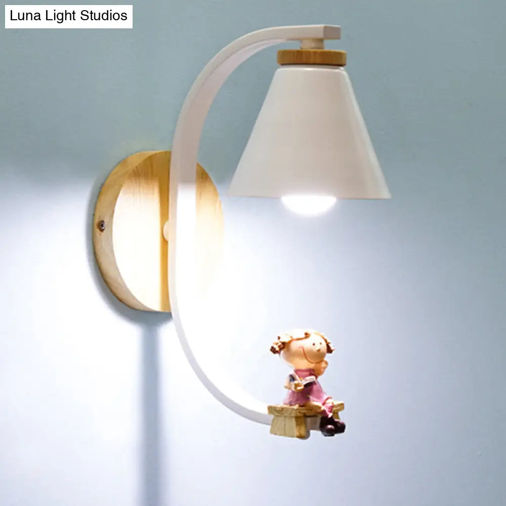 Tapered Iron Wall Mount Lamp - 1 Light Pink/Blue And Wood Sconce With Moon/Portrait Decor