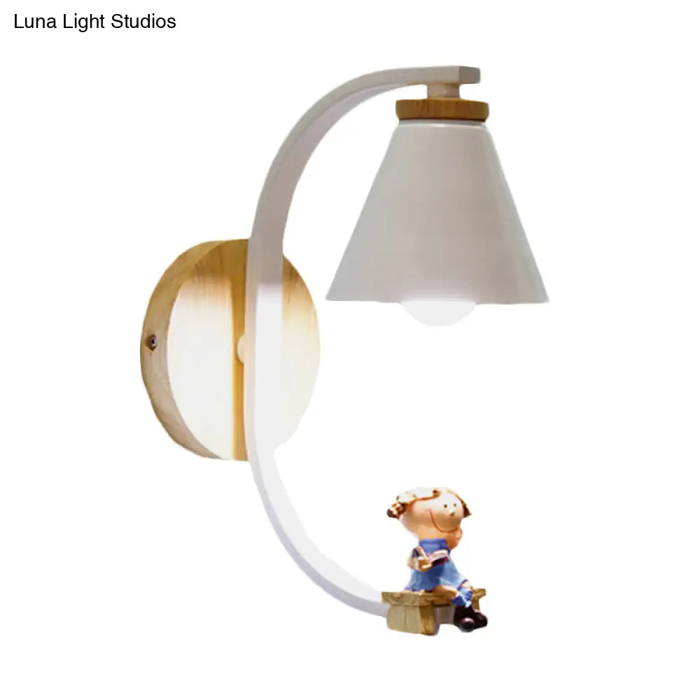 Tapered Iron Wall Mount Lamp - 1 Light Pink/Blue And Wood Sconce With Moon/Portrait Decor