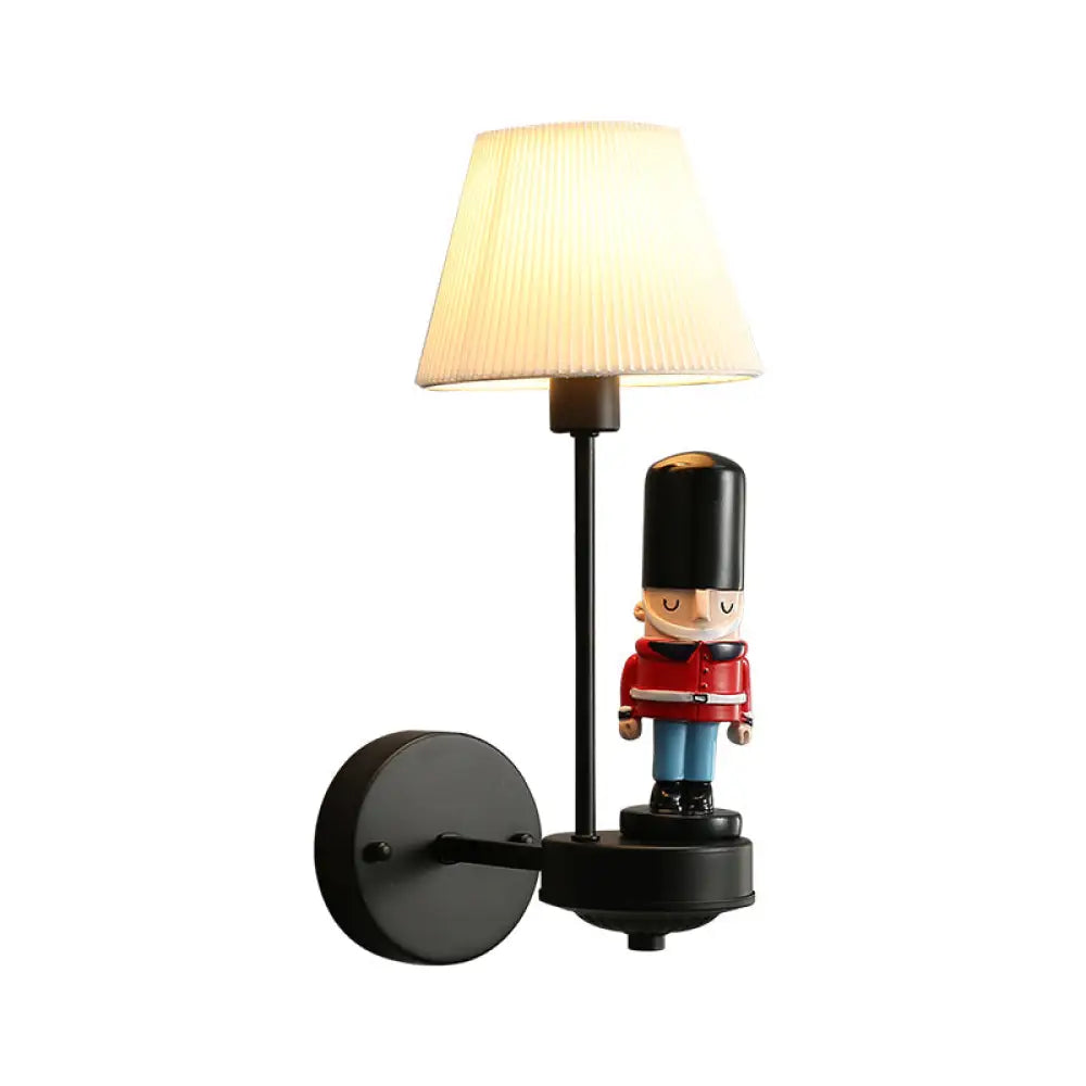 Tapered Wall Sconce Lamp: Pleated Fabric Cartoon Design With Soldier Decoration Black