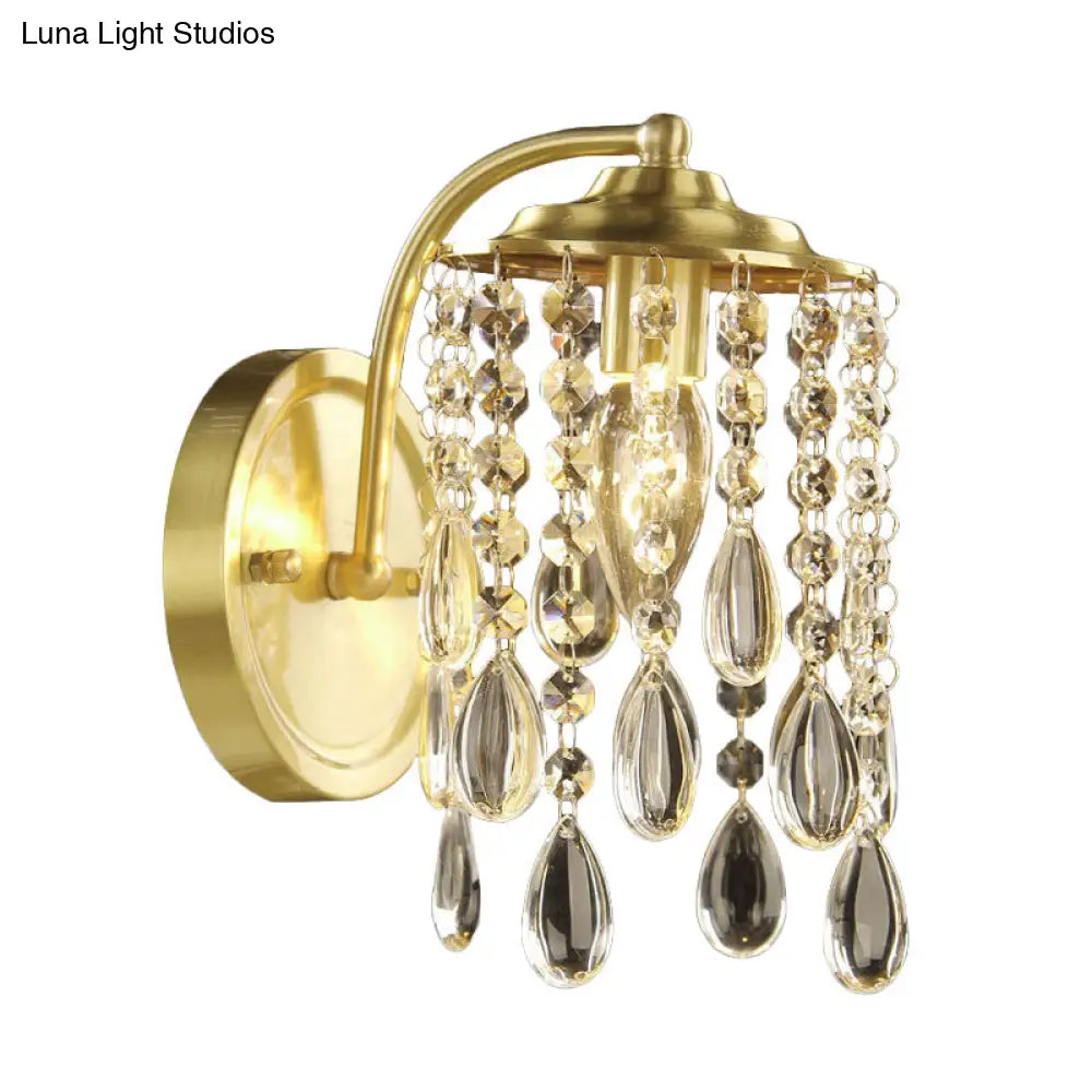 Teardrop Crystal Brass Wall Sconce For Bedroom - Elegant 1-Bulb Cylindrical Light