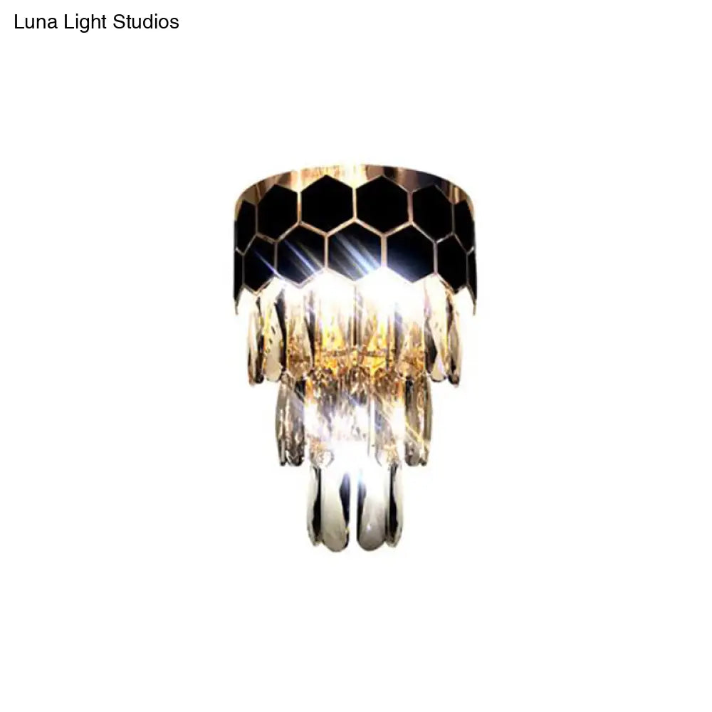 Tiered Wall Lamp With Crystal Block In Black - Modern Metal Lighting For Bedroom