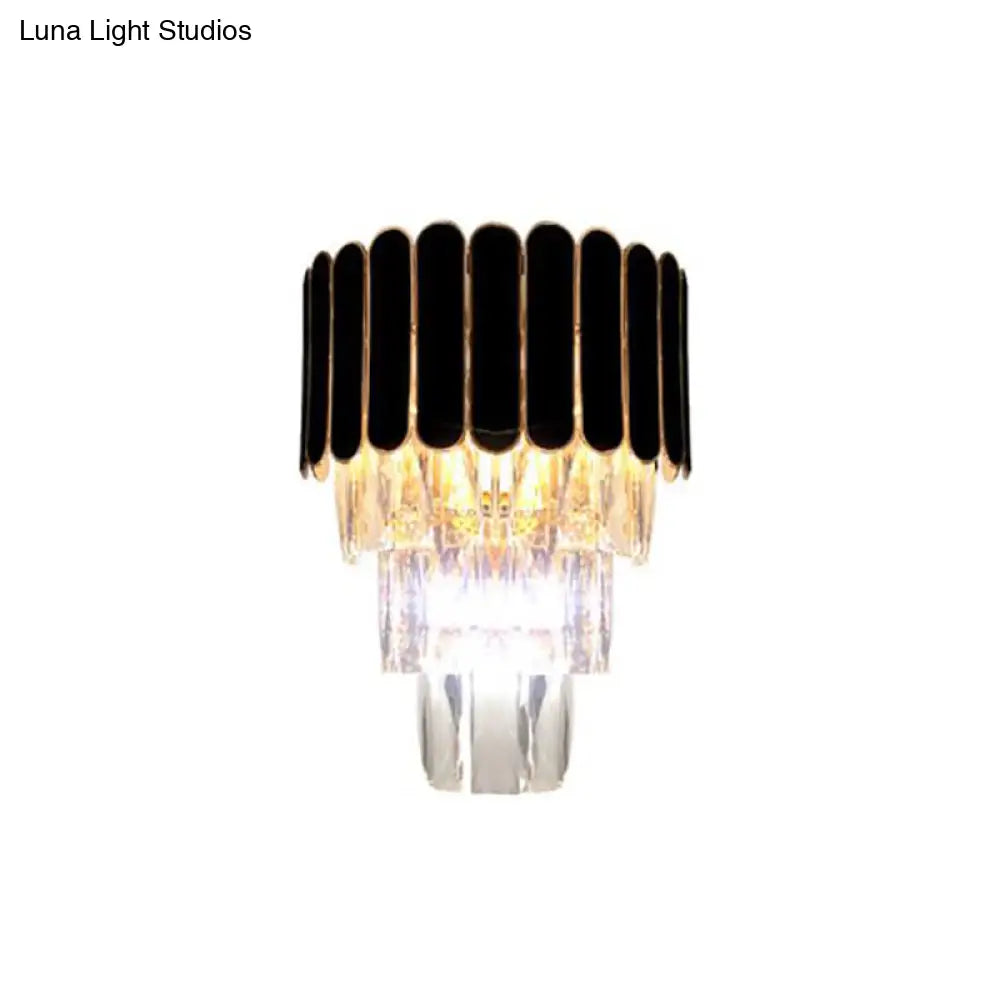 Tiered Wall Lamp With Crystal Block In Black - Modern Metal Lighting For Bedroom
