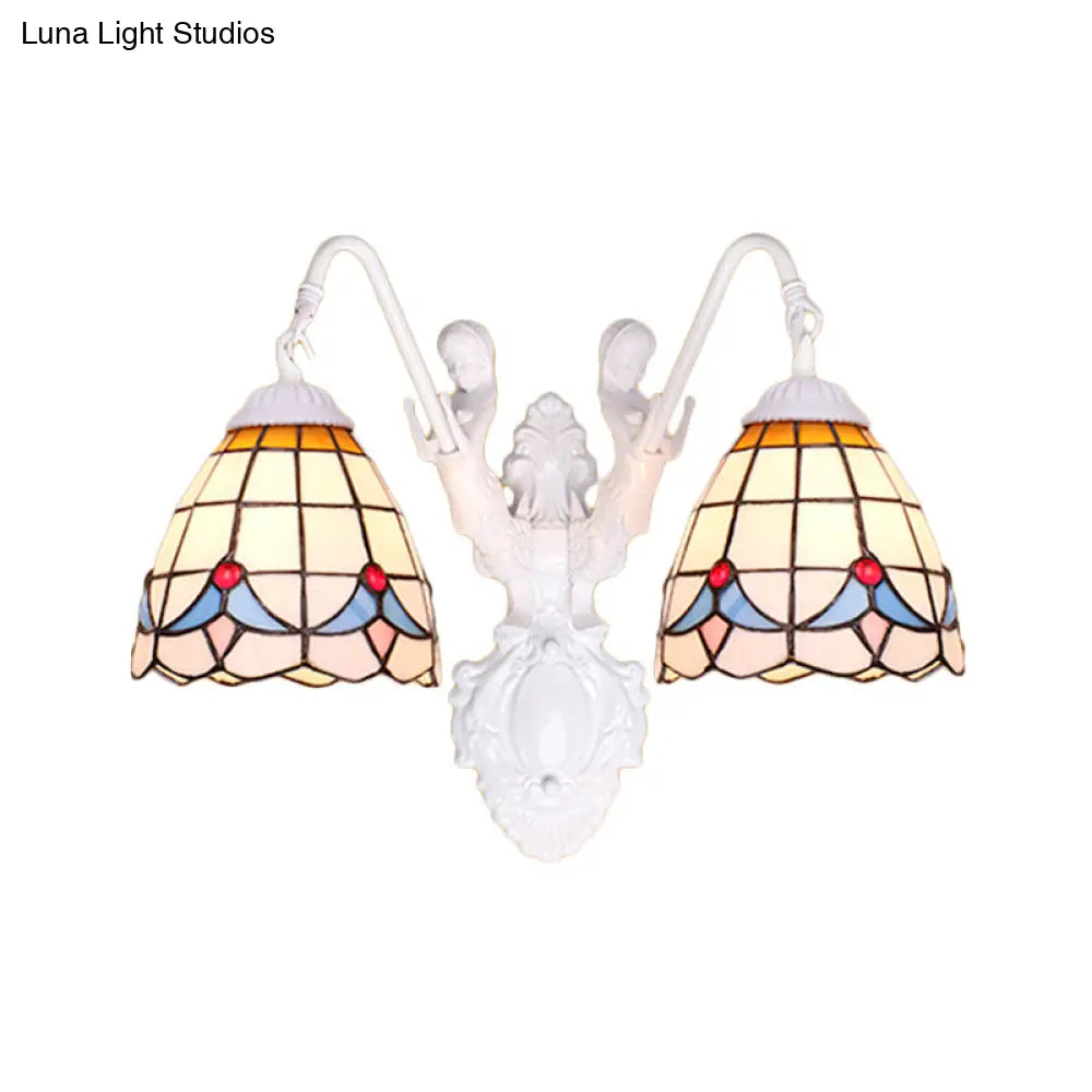 Tiffany 2-Head White Wall Sconce Light With Stained Glass And Mermaid Decoration
