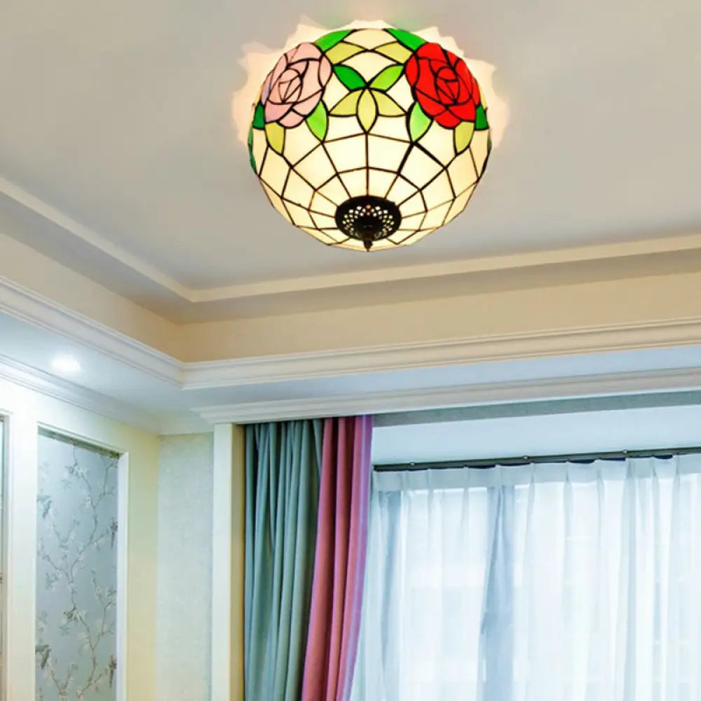 Tiffany 2-Light Stained Glass Floral Ceiling Fixture – Brass Flush Mount For Bedroom / B