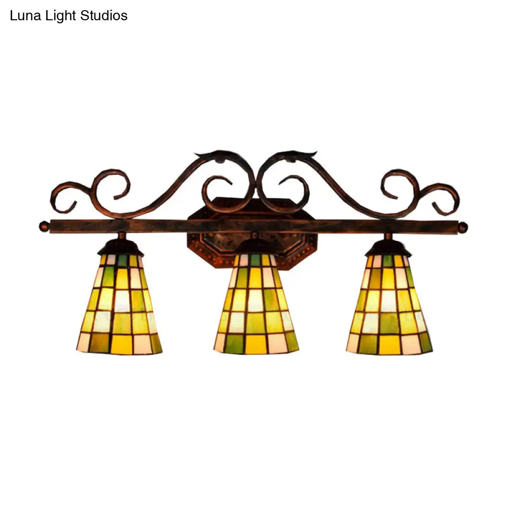 Tiffany Antique Wall Light In Black/Green/Blue Glass Pattern With 3 Bulbs Perfect For Living Room