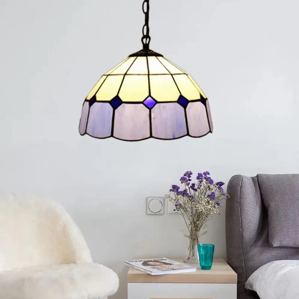 Tiffany Art Glass Dome Pendant Light - Beige/Orange/Blue 1 Bulb Ceiling Hang Fixture For Living