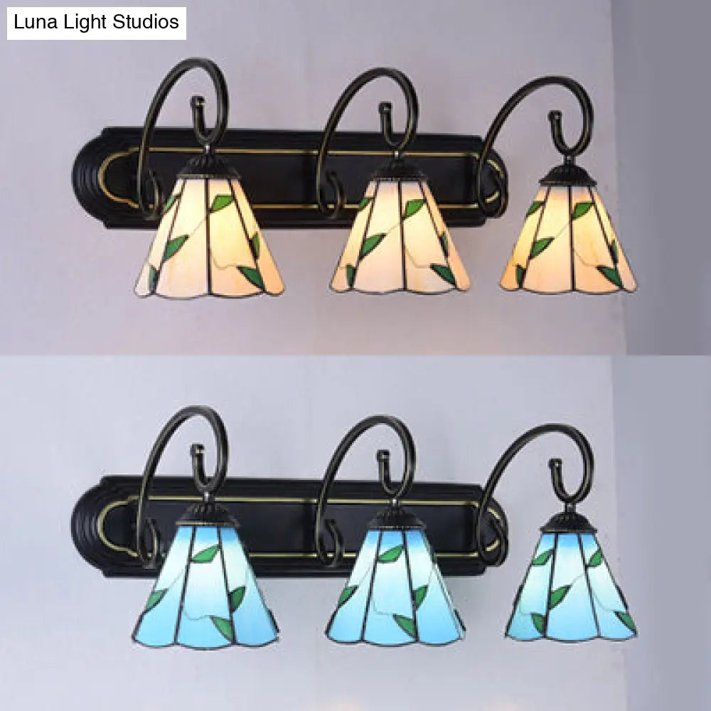 Tiffany Blue/Beige Glass Cone Wall Light Fixture With 3 Heads In Black - Elegant Vanity Sconce