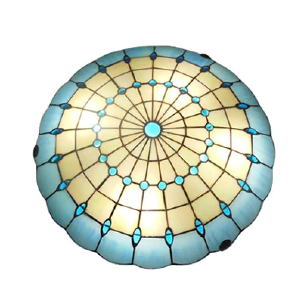 Tiffany Blue Dome Shade Flush Mount Ceiling Light With Jewel Decoration - Available In