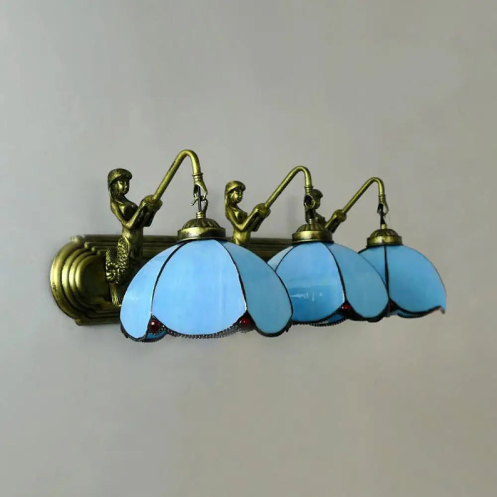 Tiffany Blue/Yellow Glass Wall Mount Lighting - Antique Bronze Sconce Light (3 Heads) Blue