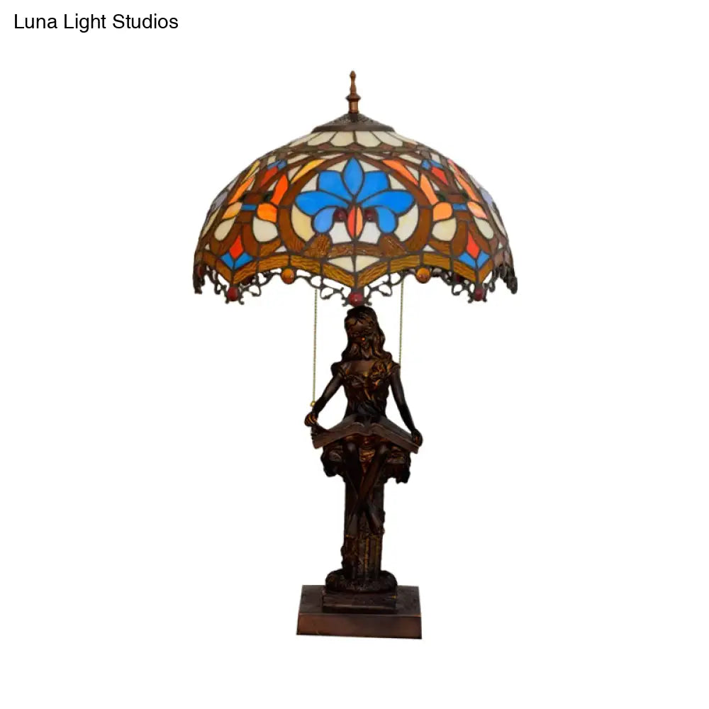 Tiffany Bronze 2-Light Reading Girl Table Lamp With Pull Chain Bird Blue-Brown Glass Shade