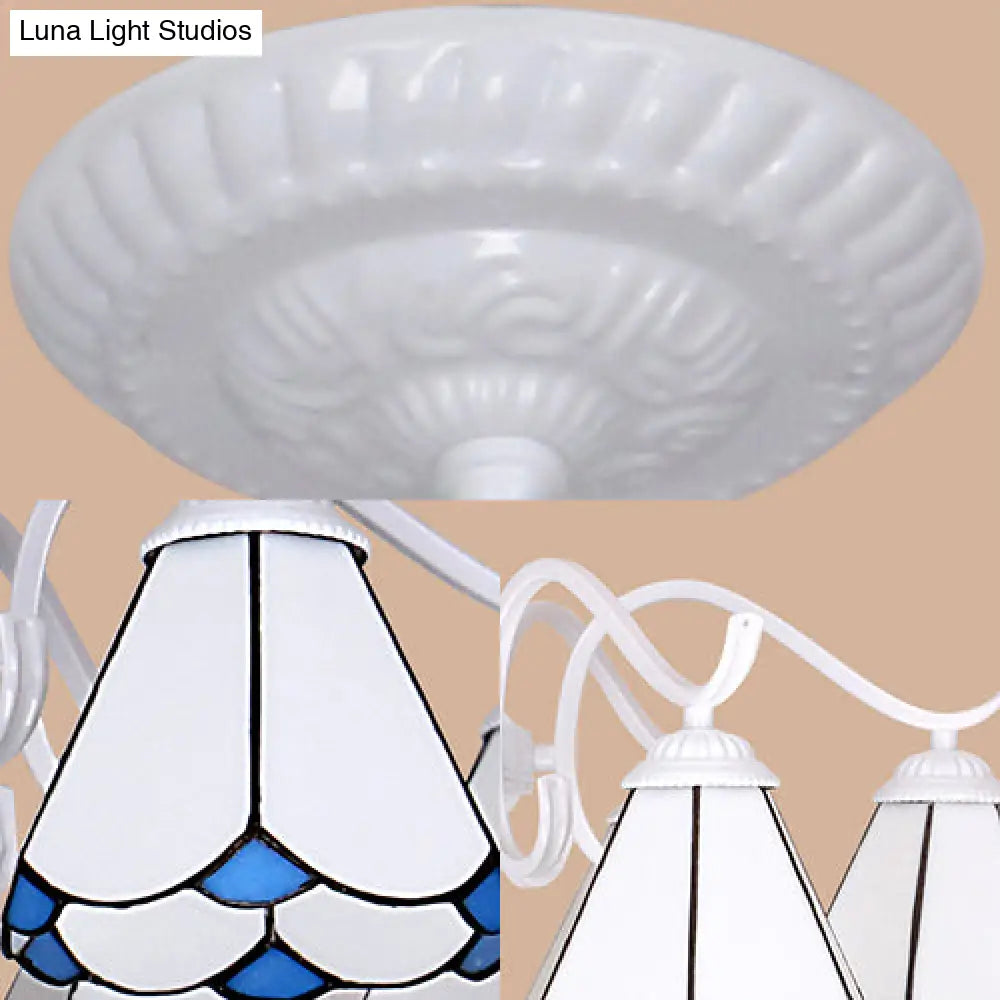 Tiffany Conical Shade Pendant Light With 5 Stained Glass Lights In White/Blue For Living Room