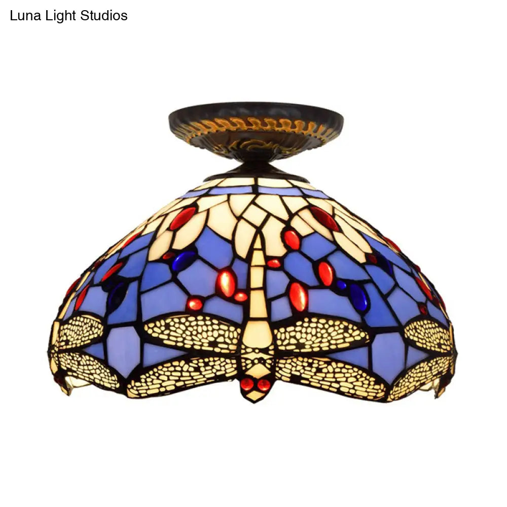 Tiffany Dragonfly Flush Mount Lamp - Stained Glass Close To Ceiling Lighting Fixture In Brass