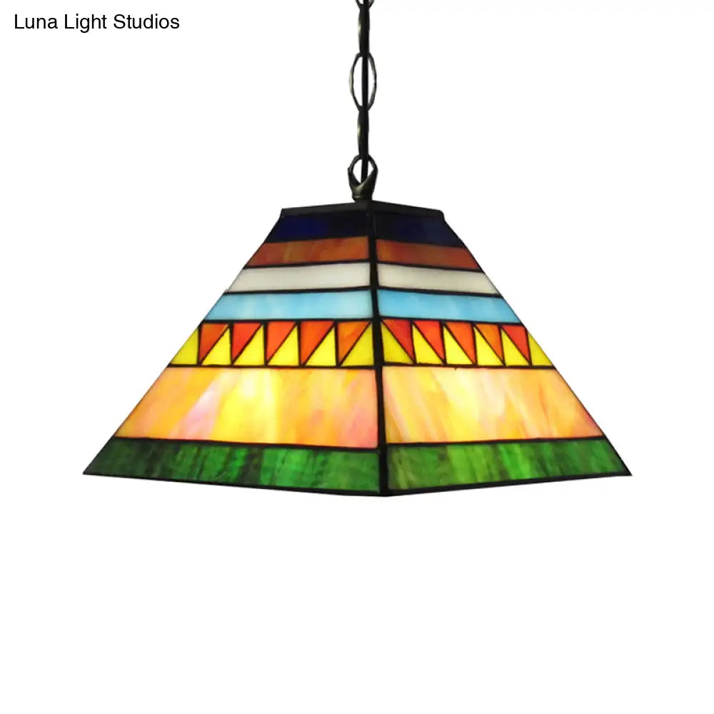 Tiffany Geometric Stained Glass Ceiling Lamp - Single Light Pendant For Bedroom (Pink/Green)