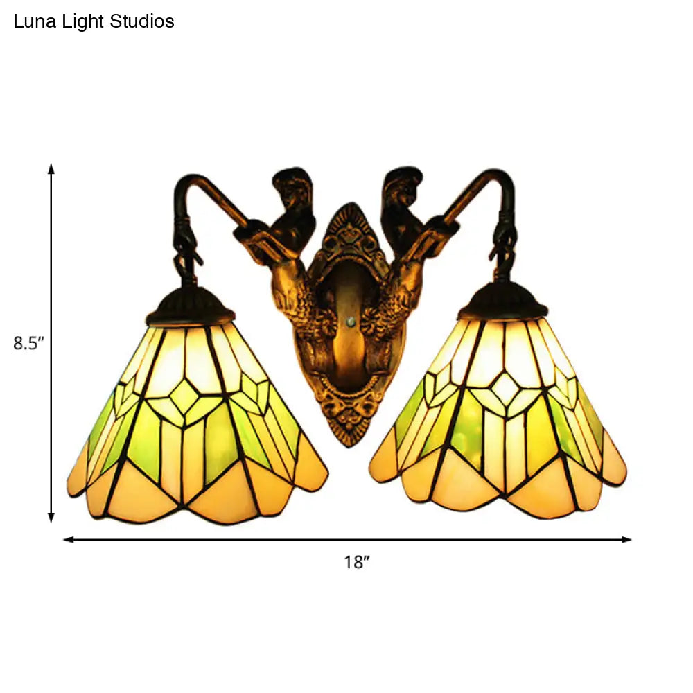Tiffany Green And White Glass Conical Wall Sconce Light With Aged Brass Finish - 2 Head Fixture