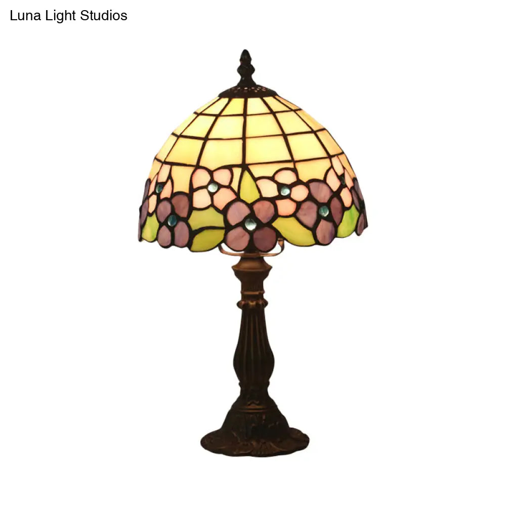 Tiffany Hand-Cut Glass Bowl Night Light - Flower Patterned Table Lamp In Red/Yellow/Purple For