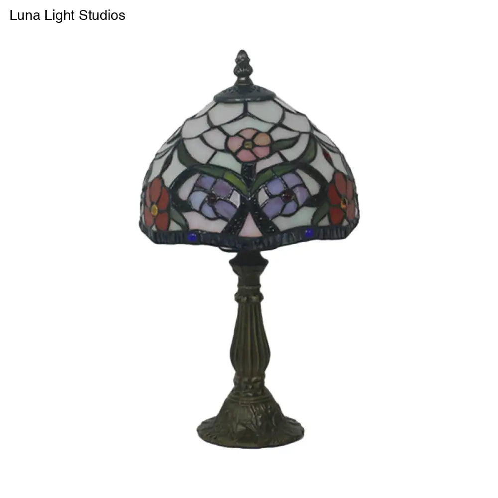 Tiffany Hand-Cut Glass Bowl Night Light - Flower Patterned Table Lamp In Red/Yellow/Purple For