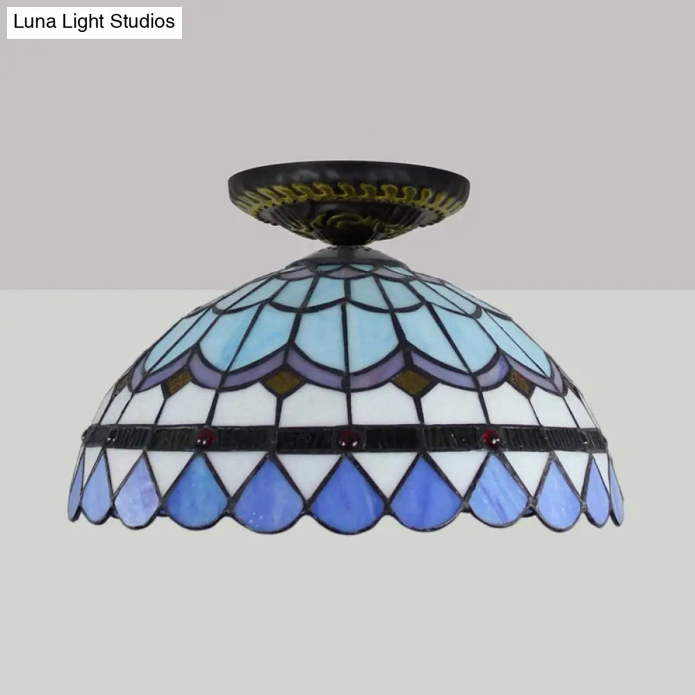 Tiffany Hand Rolled Art Glass Floral Flush Mount Light With Yellow/Blue Shade 12’/16’ W