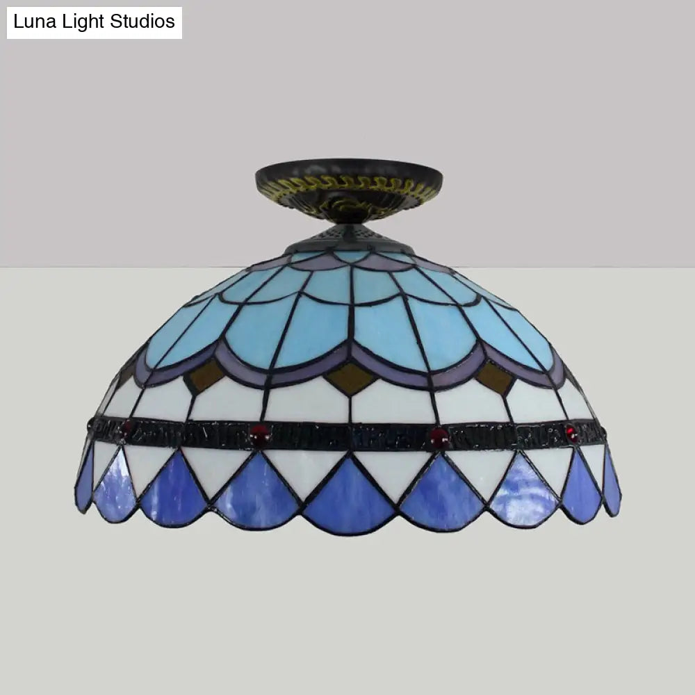 Tiffany Hand Rolled Art Glass Floral Flush Mount Light With Yellow/Blue Shade 12’/16’ W