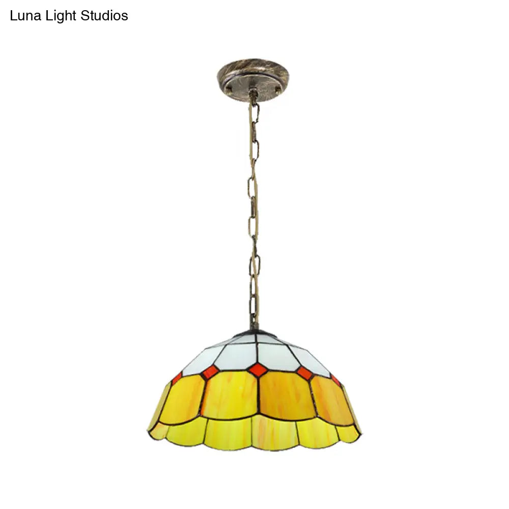 Tiffany Handcrafted Art Glass Ceiling Light: Domed Yellow/Blue 1 Head 12’/16’ Wide