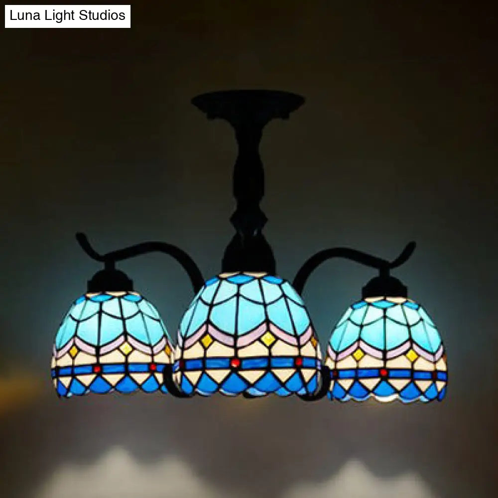 Tiffany Indoor Semi Flush Mount Ceiling Light With Stained Glass Design In Black - 3 Lights