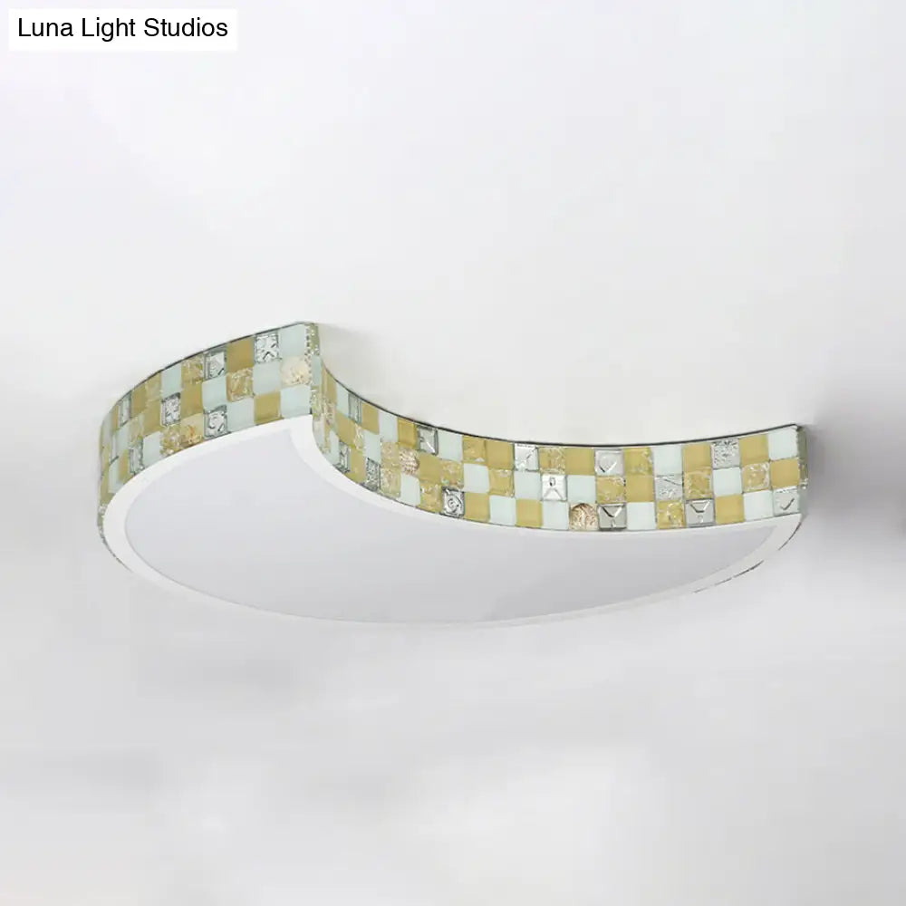 Tiffany Mosaic Glass Moon Flush Light With Led For Bedroom Ceiling