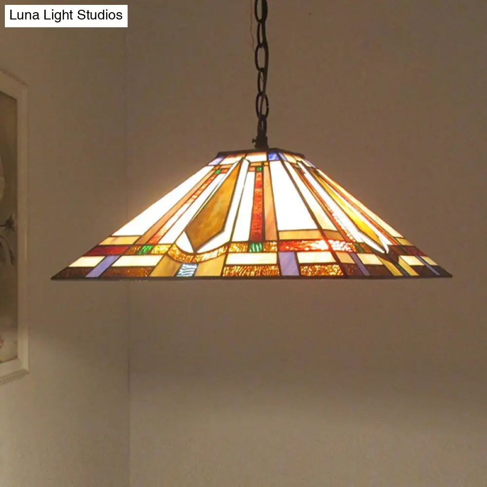 Tiffany Rhombus/Shell Ceiling Lamp - Brown Stained Art Glass Pendant Light For Dining Room